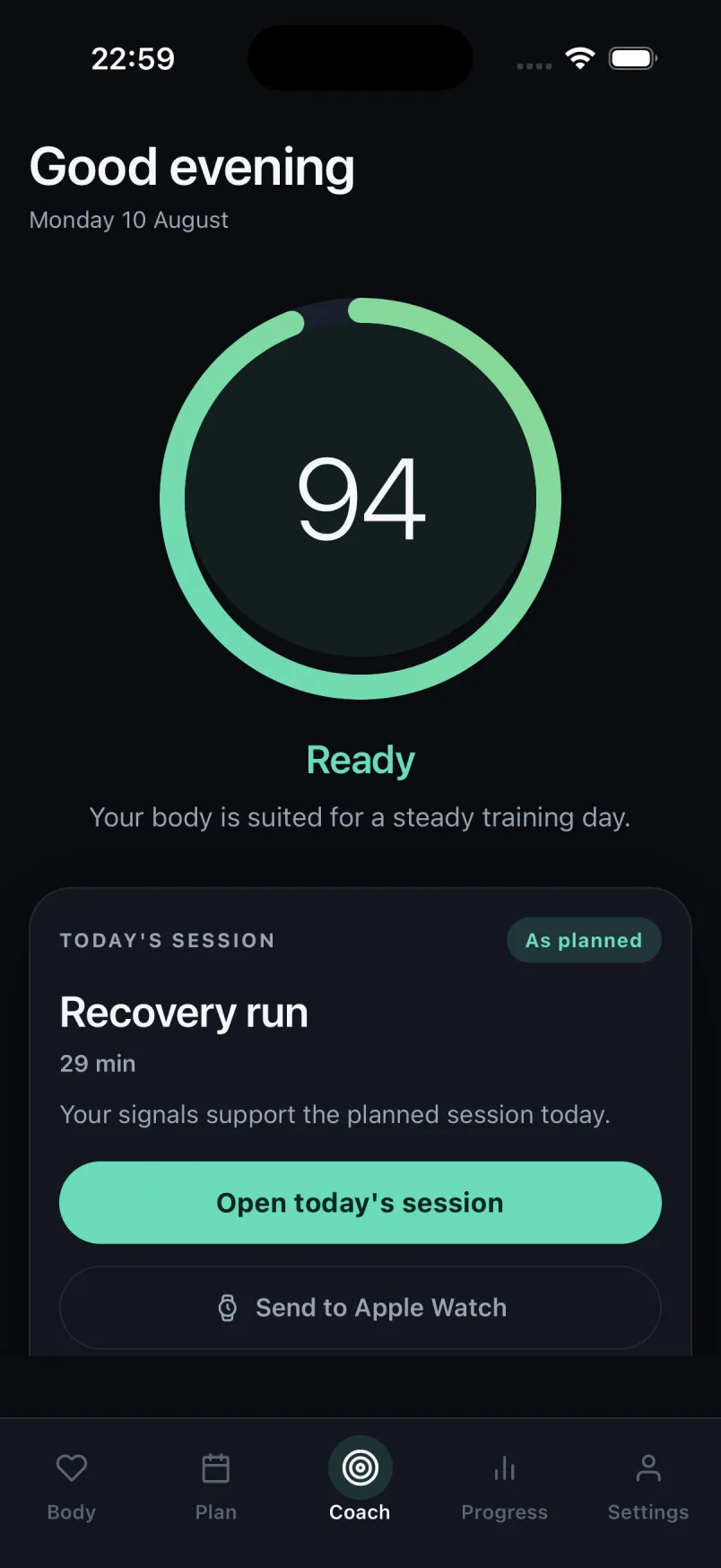 The Coach screen: a single recommended session for today with the reasoning shown below it.