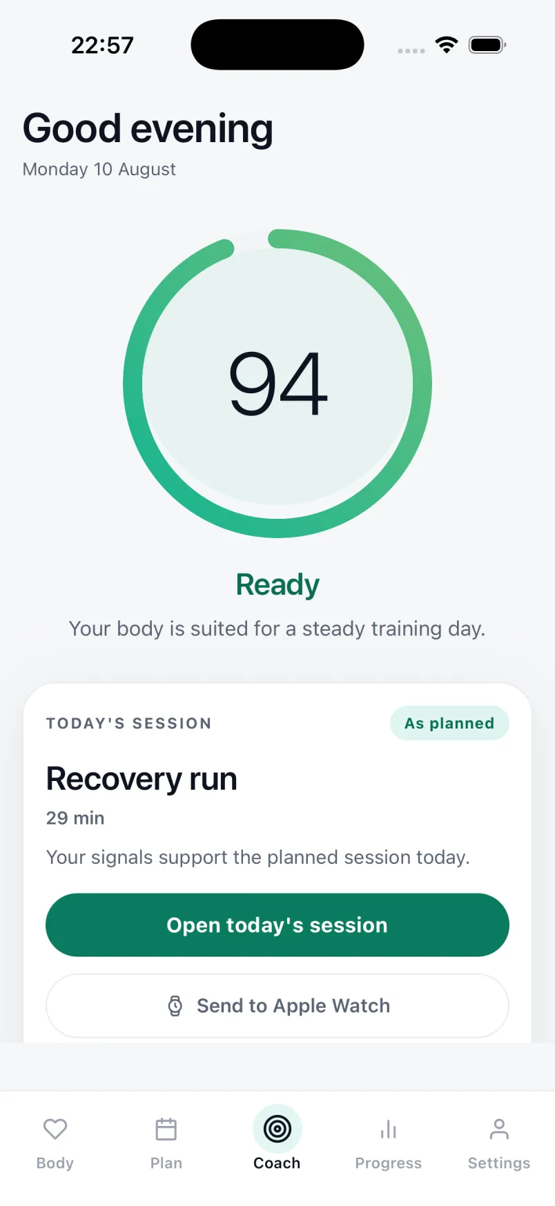 The Coach screen: a single recommended session for today with the reasoning shown below it.
