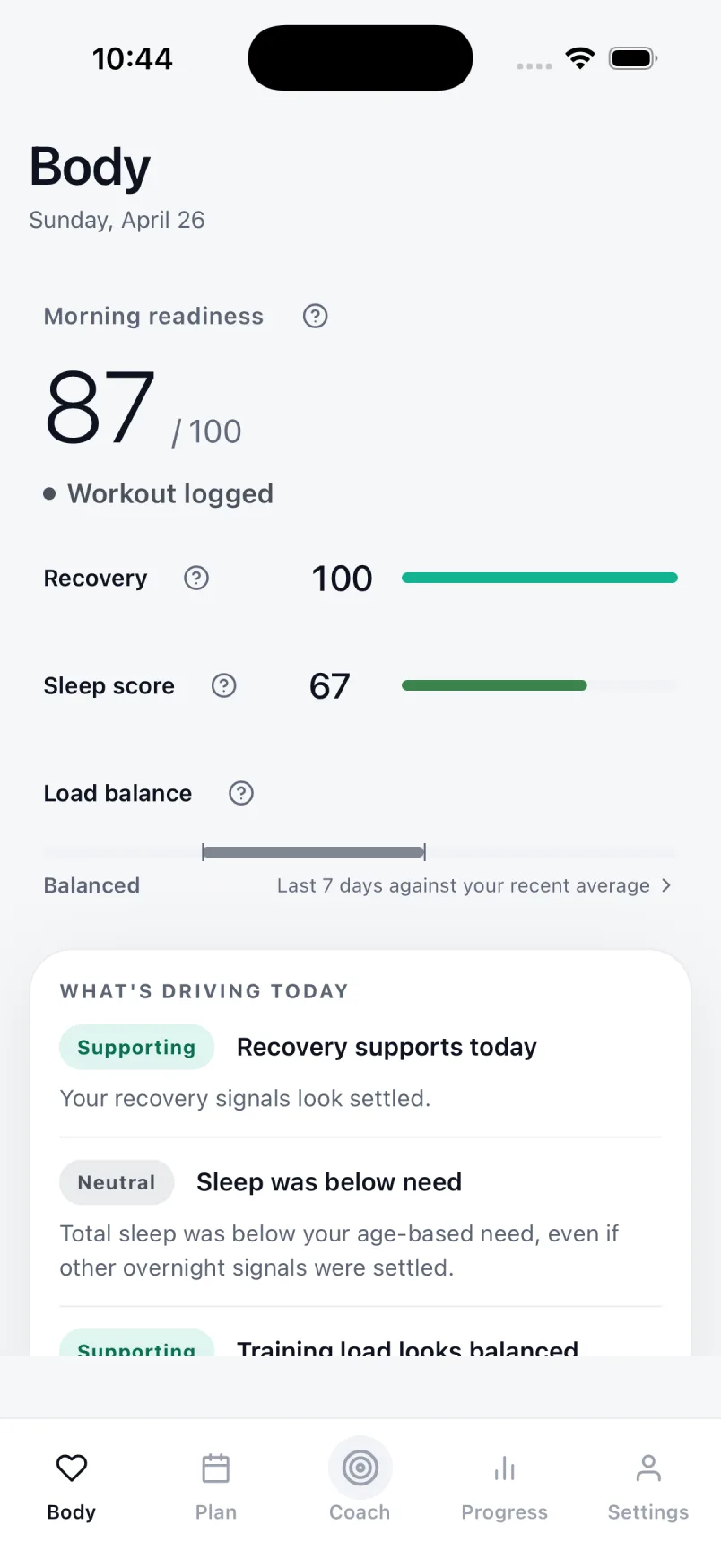 The BodyLeap Body screen: morning readiness 87 out of 100, recovery 100, sleep score 67, load balance marked Balanced, and a list of what is driving today.