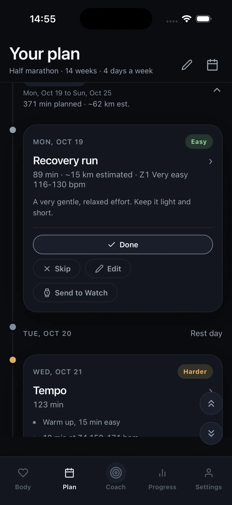 The BodyLeap plan screen: a half marathon plan, fourteen weeks at four days a week, showing an easy zone one recovery run with heart rate range, a rest day, and a harder tempo session.