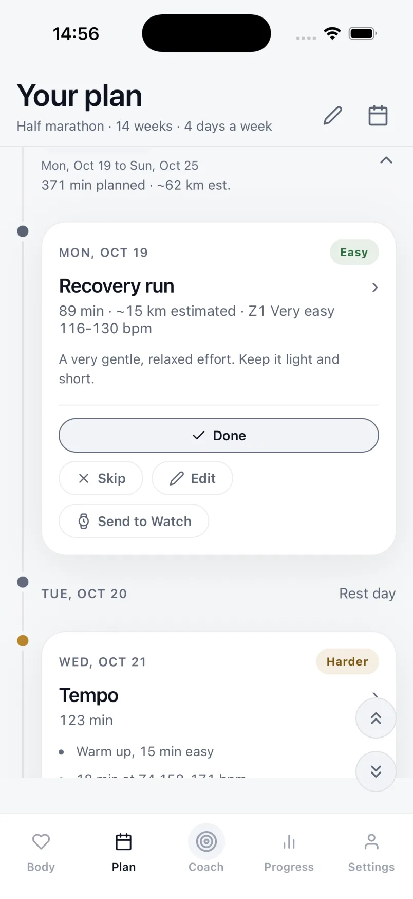 The BodyLeap plan screen: a half marathon plan, fourteen weeks at four days a week, showing an easy zone one recovery run with heart rate range, a rest day, and a harder tempo session.