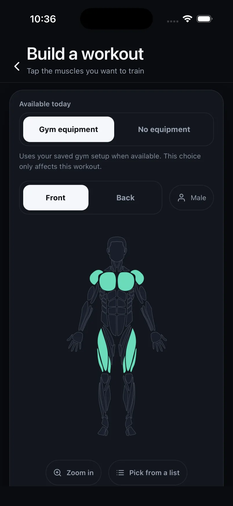 The BodyLeap build a workout screen: an anatomical figure where the chest and quads are selected in jade, with front and back views and an equipment toggle.