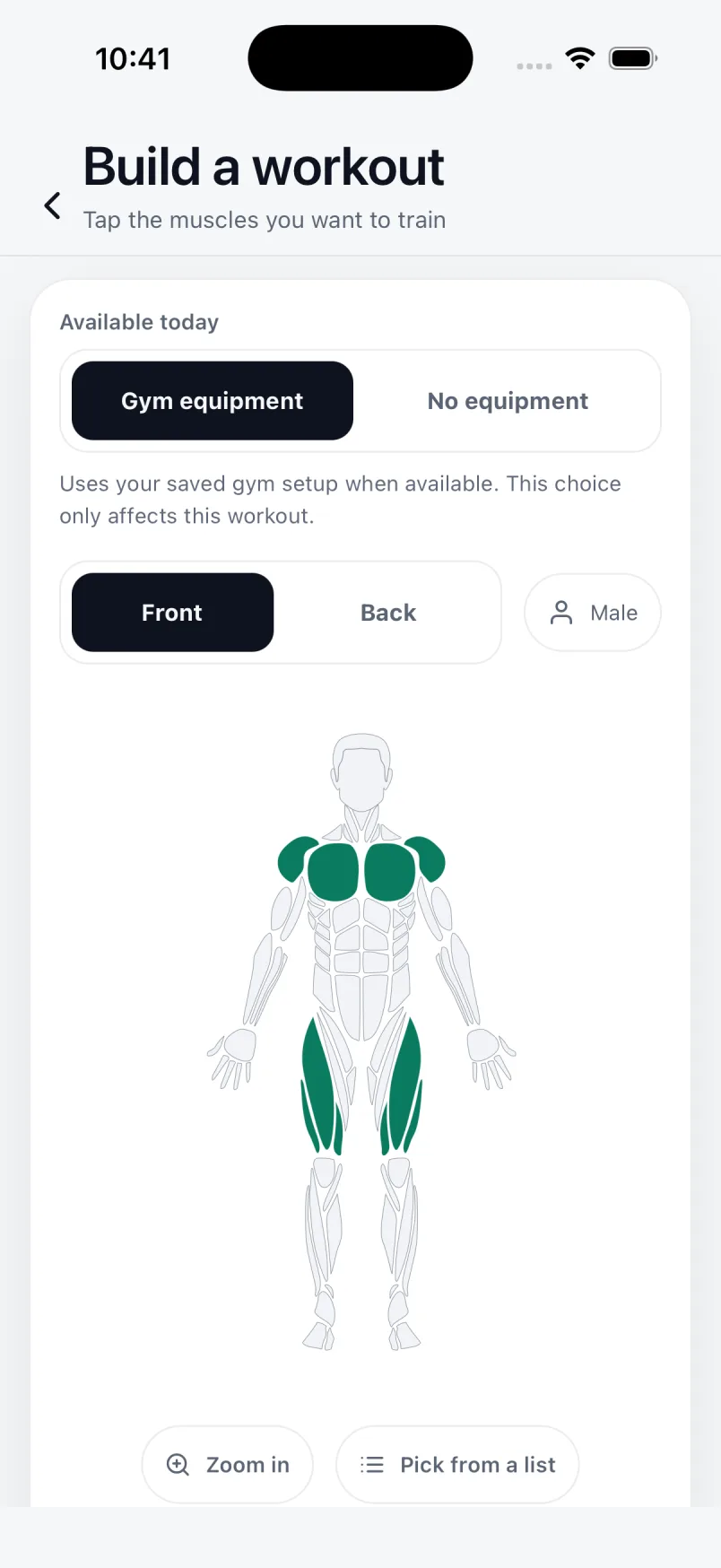 The BodyLeap build a workout screen: an anatomical figure where the chest and quads are selected in jade, with front and back views and an equipment toggle.