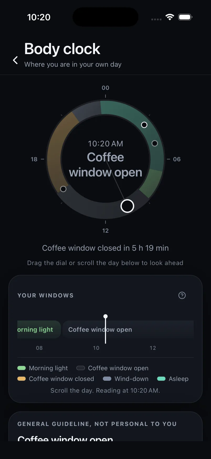 The BodyLeap body clock, a twenty four hour dial reading Coffee window open at 10:20, with morning light, wind down and sleep marked around it.