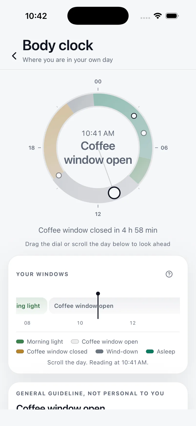 The BodyLeap body clock, a twenty four hour dial reading Coffee window open at 10:20, with morning light, wind down and sleep marked around it.
