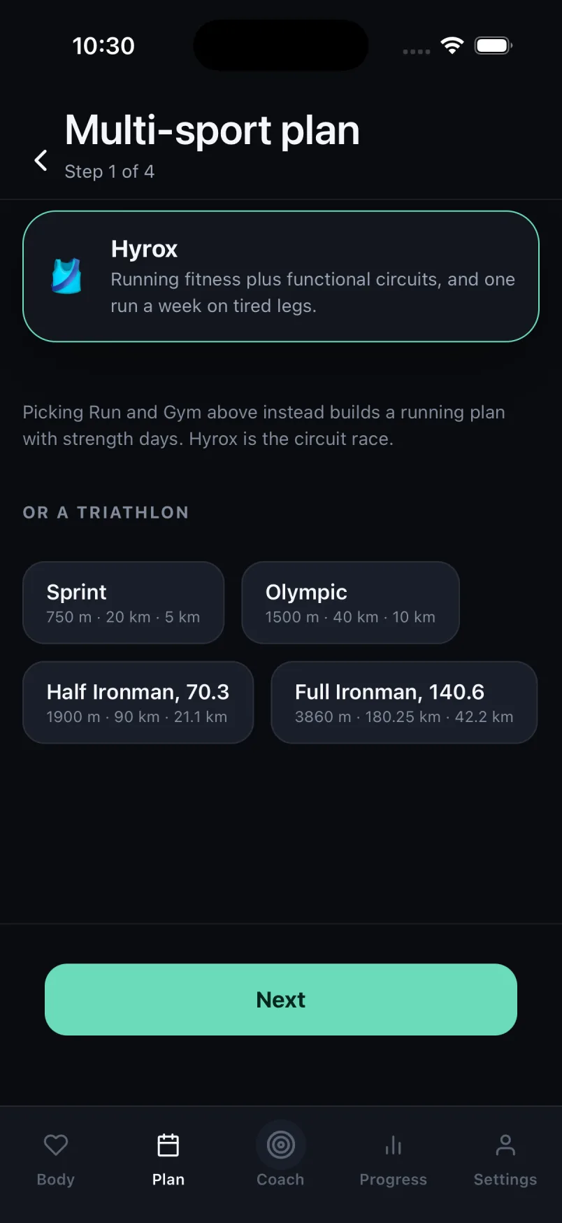 The BodyLeap multi-sport setup, with Hyrox selected and triathlon options for Sprint, Olympic, Half Ironman 70.3 and Full Ironman 140.6 at their real distances.