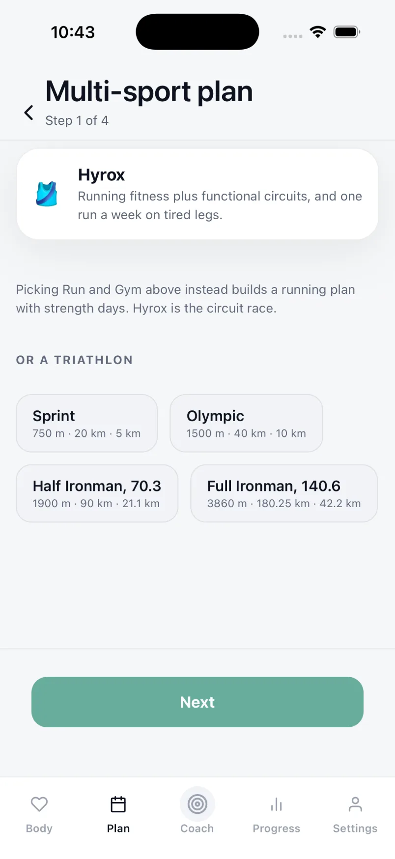 The BodyLeap multi-sport setup, with Hyrox selected and triathlon options for Sprint, Olympic, Half Ironman 70.3 and Full Ironman 140.6 at their real distances.