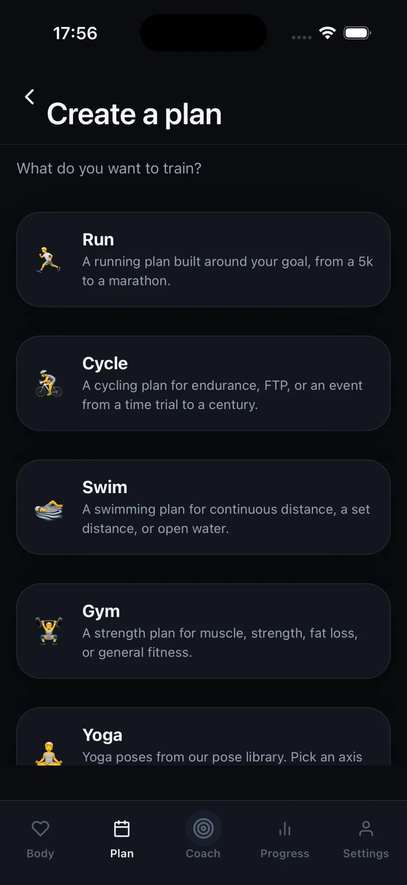 The Create a plan screen: Run, Cycle, Swim, Gym and Yoga, each offered as its own first class plan.