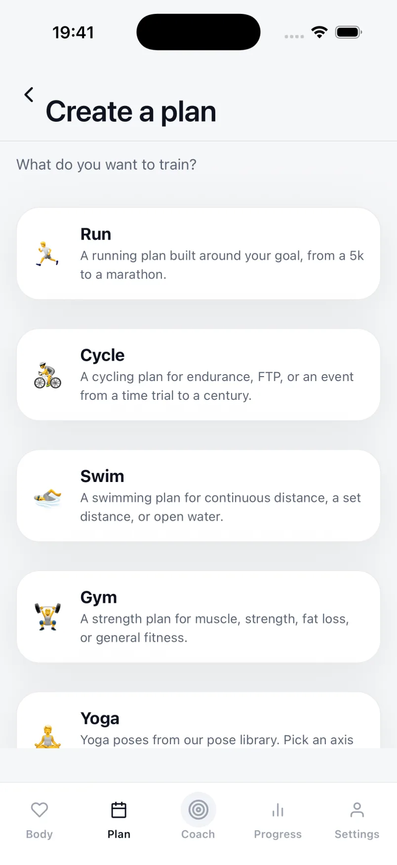 The Create a plan screen: Run, Cycle, Swim, Gym and Yoga, each offered as its own first class plan.