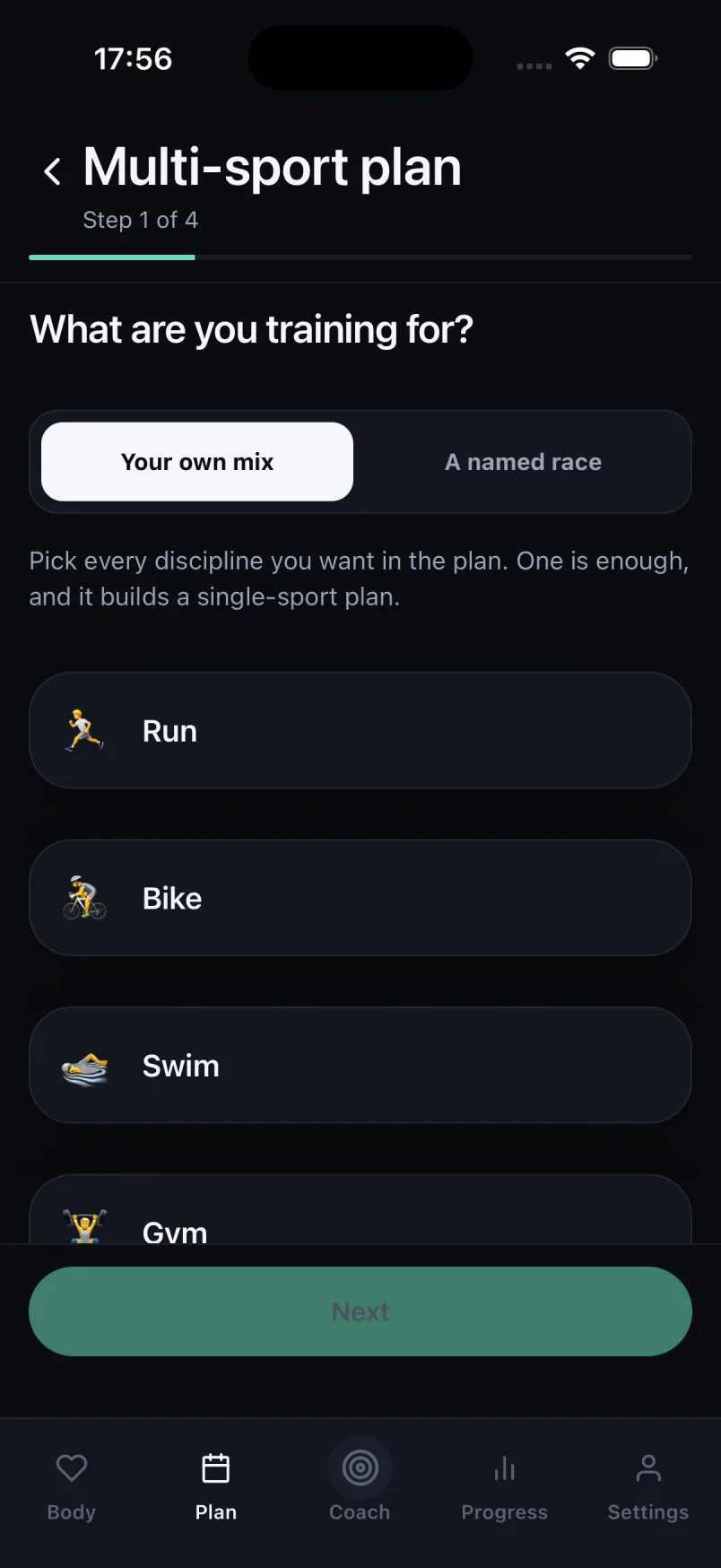 The multi-sport setup in Your own mix mode: choose any of Run, Bike, Swim, Gym and Yoga, or switch to a named race.