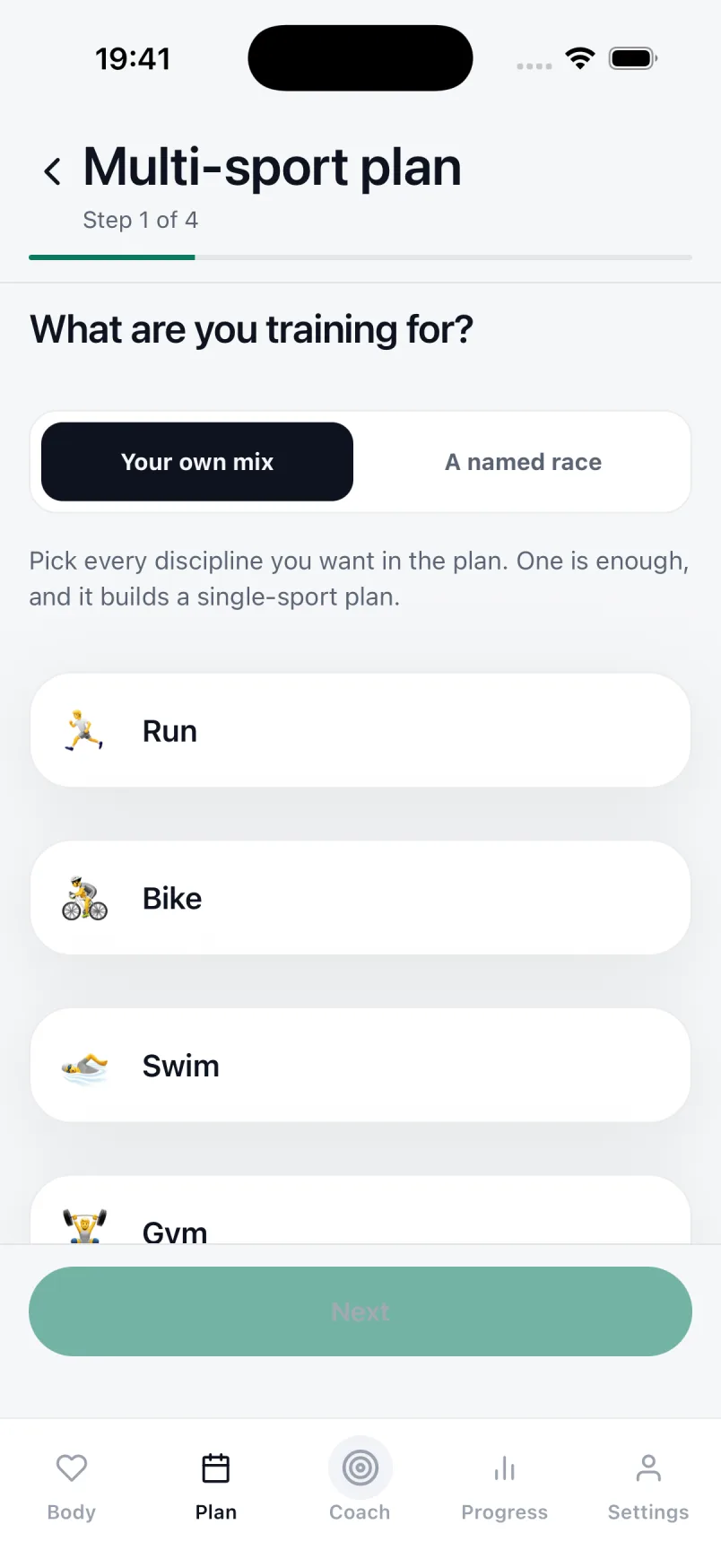 The multi-sport setup in Your own mix mode: choose any of Run, Bike, Swim, Gym and Yoga, or switch to a named race.