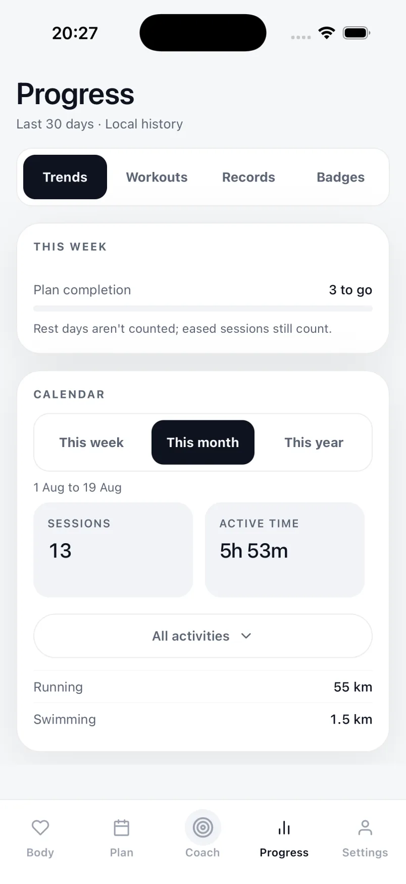 The Progress screen: this month's sessions, active time and distance by sport, drawn from your own local history.